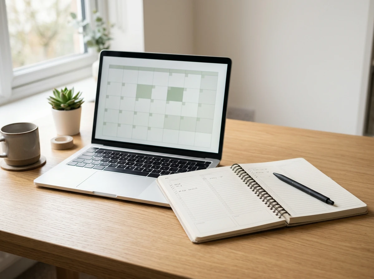 Laptop showing a planner grid beside a notebook and plant