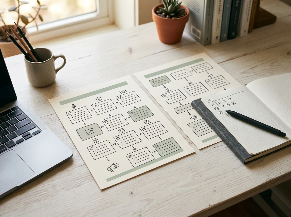 Printed workflow sheets, a notebook and a pen on a desk