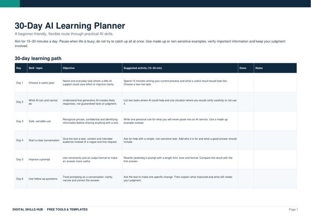 30-Day AI Learning Planner printable preview