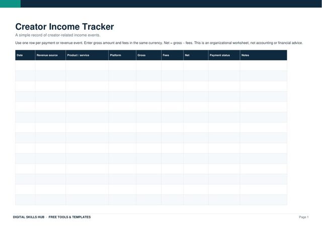 Creator Income Tracker printable preview