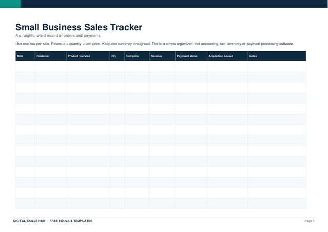 Small Business Sales Tracker printable preview