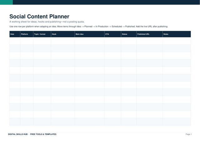 Social Content Planner printable preview